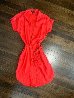 Lauren Ralph Lauren Bright Red Button-Front Shirt Dress with Tie Waist